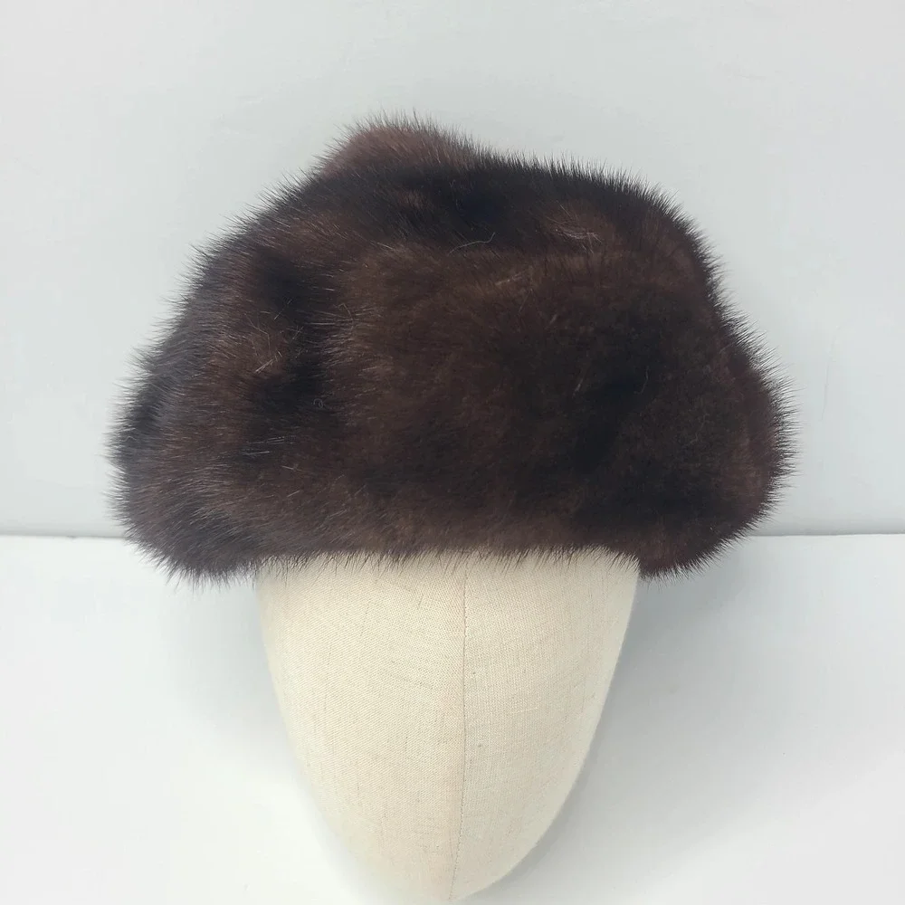 Vtg 60s Sears Real Mink Fur Pillbox Hat Dark Brown Cossack Winter Mob Wife